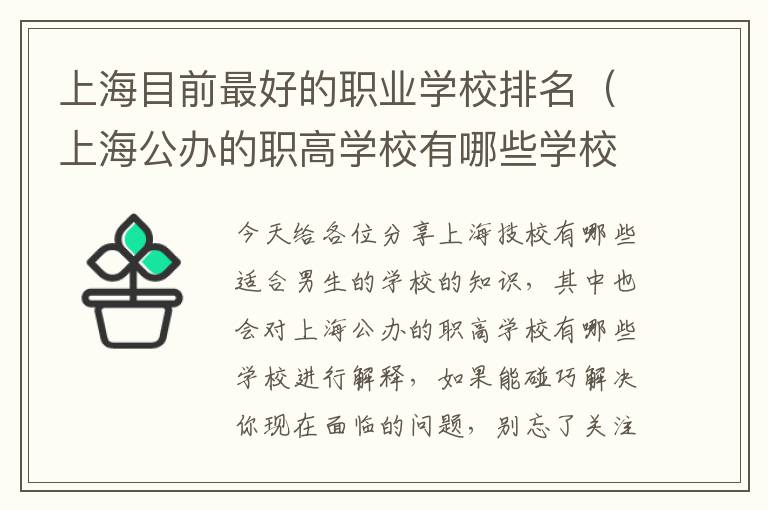 上海目前最好的职业学校排名（上海公办的职高学校有哪些学校）