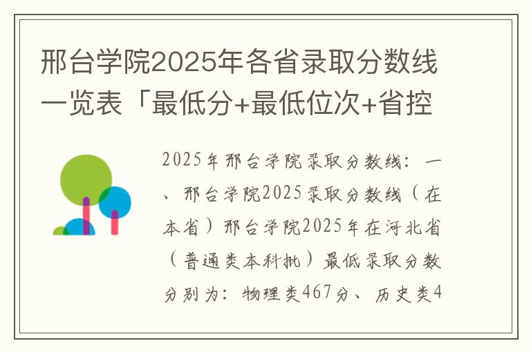 邢台学院2025年各省录取分数线一览表「最低分+最低位次+省控线」